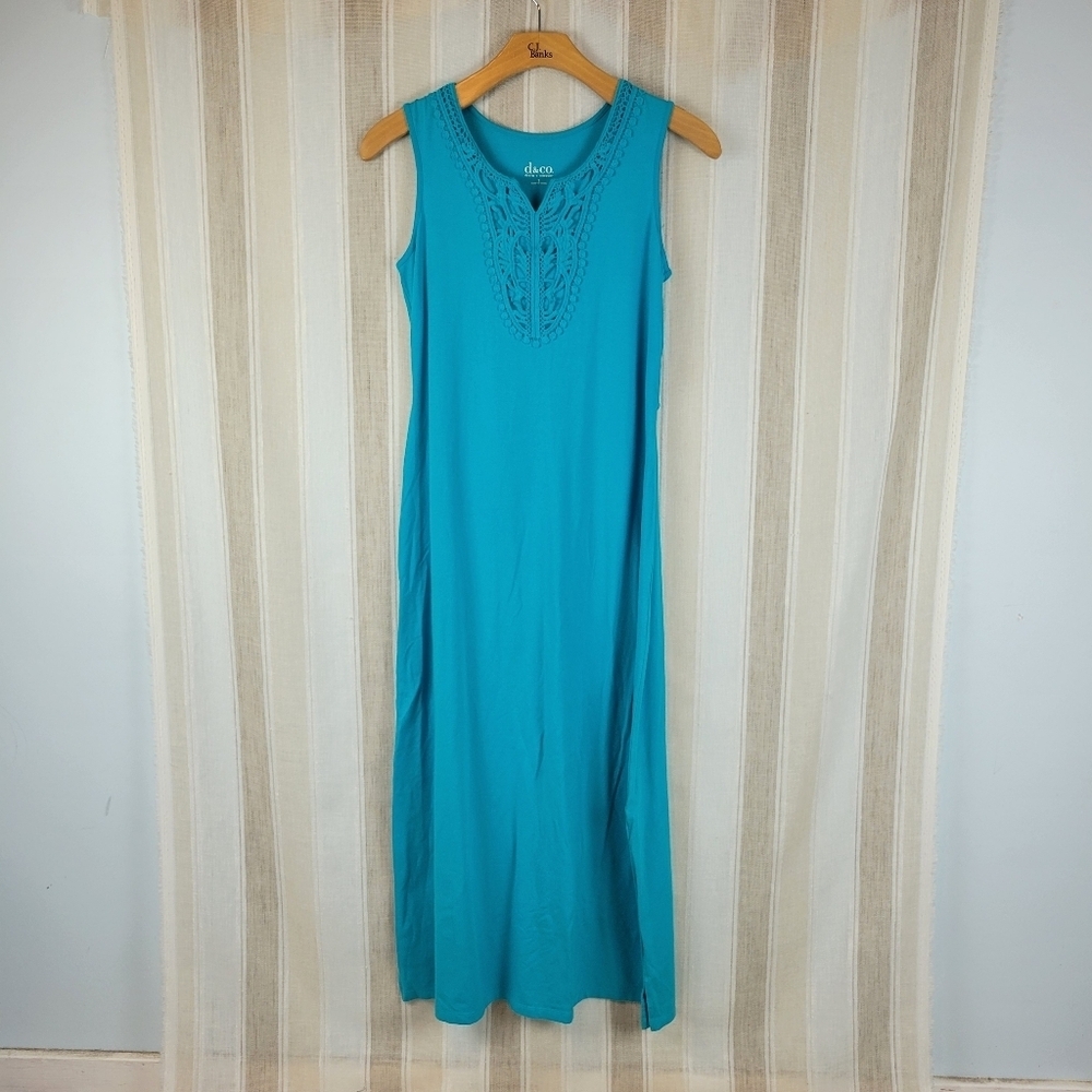 D&Co Denim & Company Soft Stretch Jersey Knit Maxi Dress Blue Size Small‎